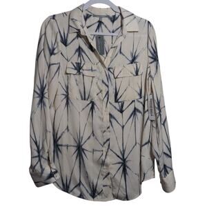 Lemon Tart Cream Blue Patterned Button-Up Long Sleeve Career Office Blouse Sz M